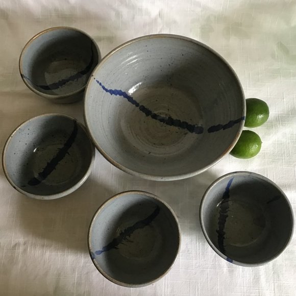 Vintage 80s Set of 5 Pottery Bowls Artist Signed Abstract Paint Glazed - Picture 2 of 9